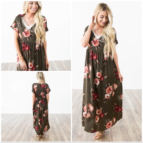 olive green floral maxi dress